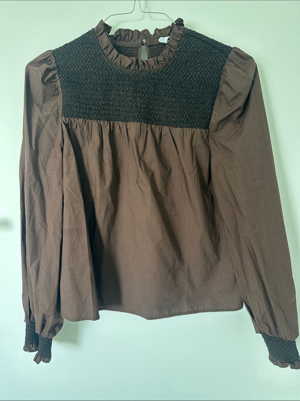 NWT Carolina Smocked Yoke Brown Long-Sleeve Blouse with Ruffle Neck